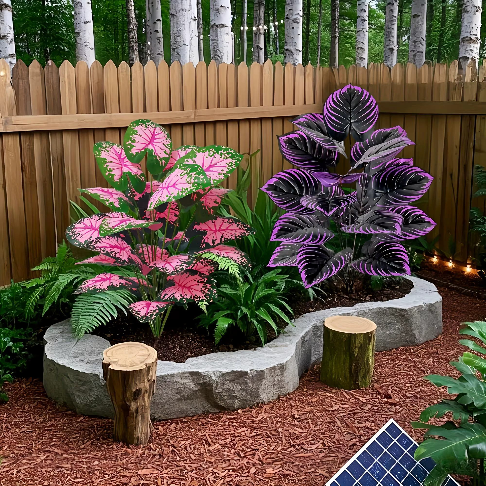 Ensemble de 2 plantes artificielles de Caladium avec feuilles roses violettes