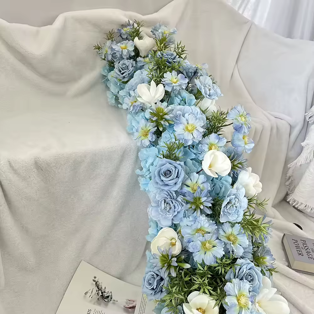 Uflower 200cm Chemin de table en fleurs artificielles bleues élégantes, fond de scène artificiel pour mariage, fête, décoration de la maison