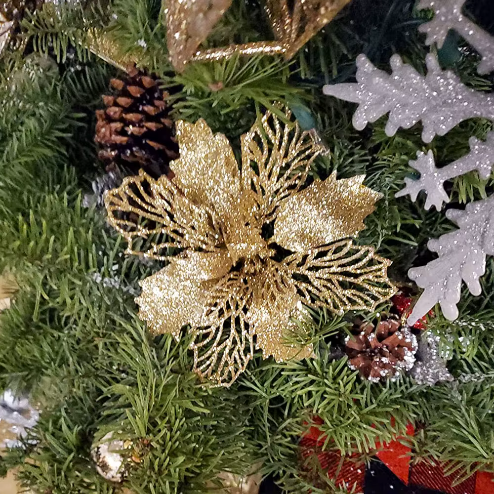 12 pièces Poinsettia fleurs de noël avec Clips paillettes or