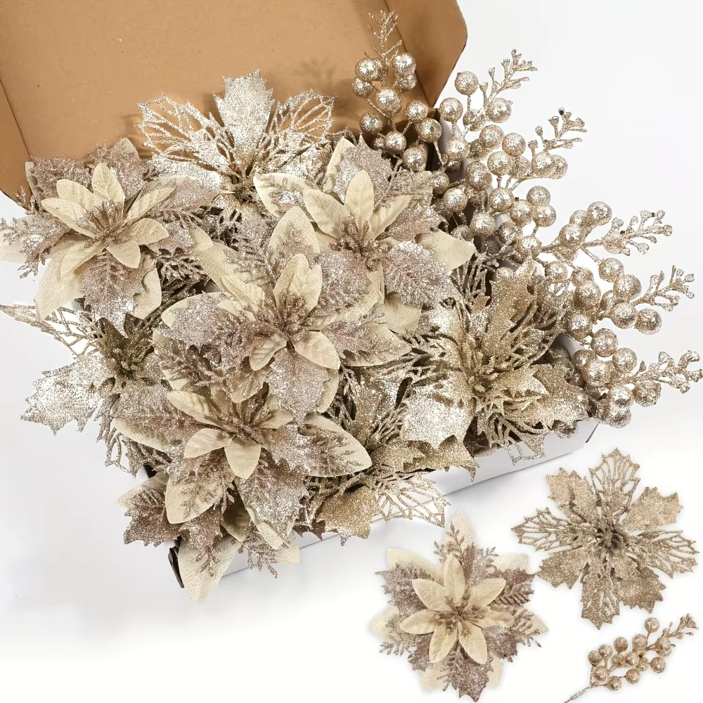 Bouquet de fleurs de noël artificielles et de baies à paillettes