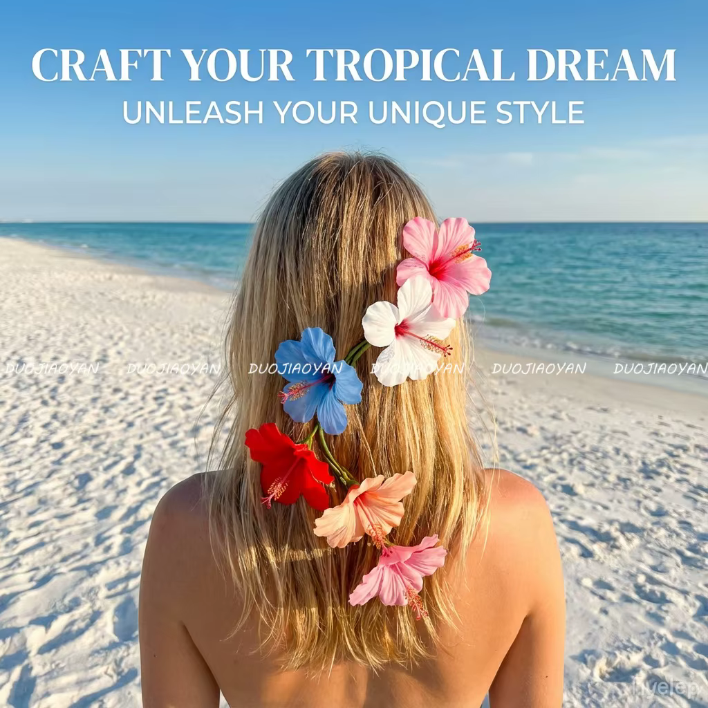 Pince à cheveux fleur d'hibiscus, barrette florale tropicale hawaïenne, accessoires de cheveux bohèmes pour femmes, pour l'été, la plage, les vacances, les mariages