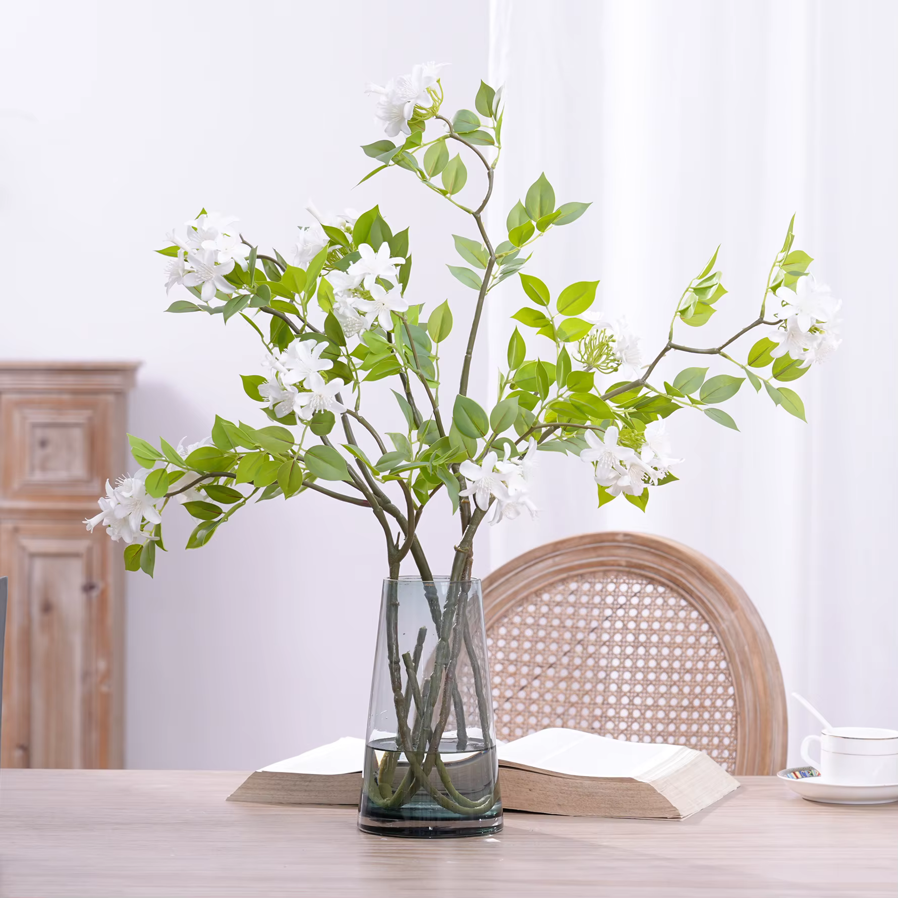 X1015 Branche Artificielle Plante Verte Chrysanthème Fleur Blanche Décoration de Table Maison Vase Composition Florale