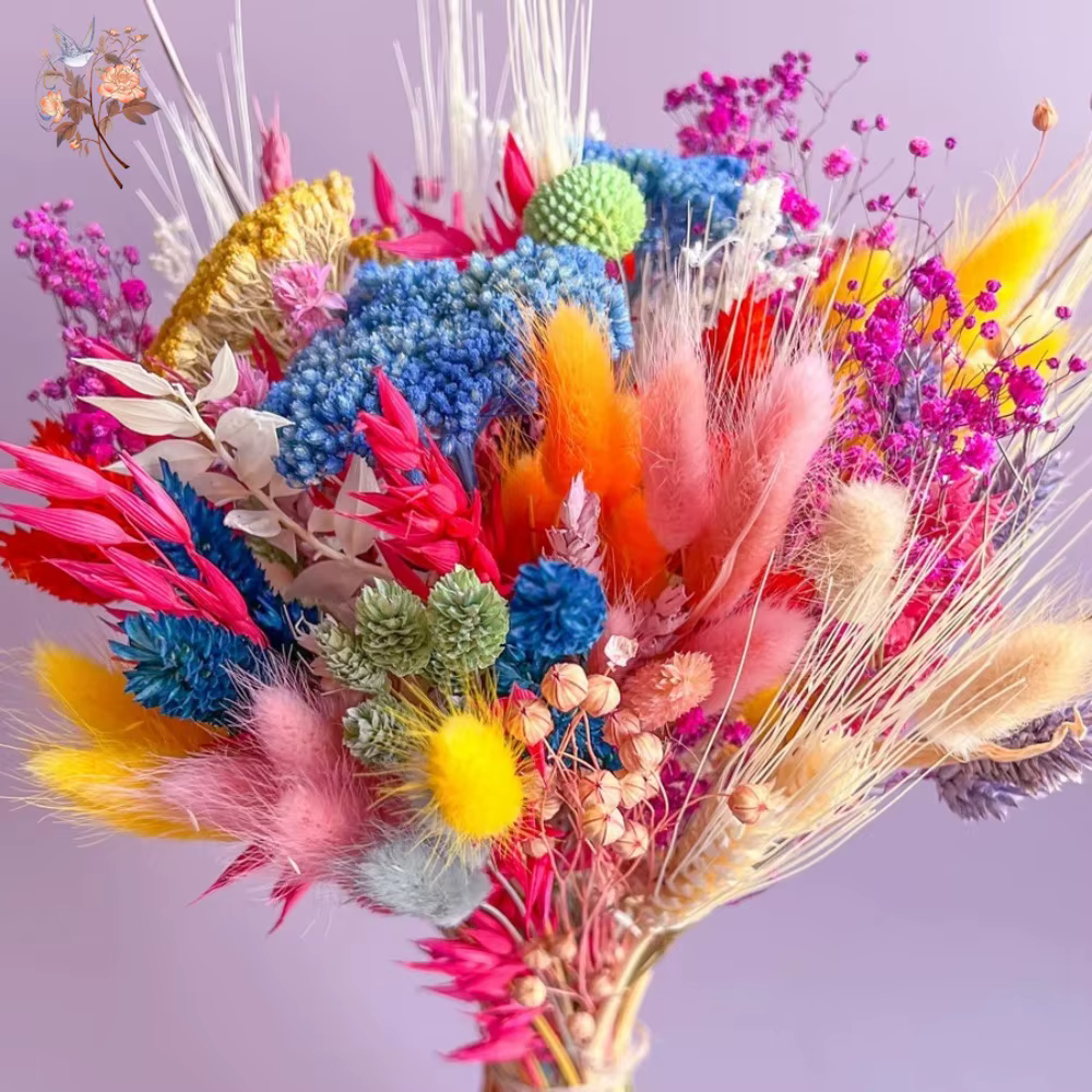 Bouquet de mariage de fleurs séchées colorées pour mariée