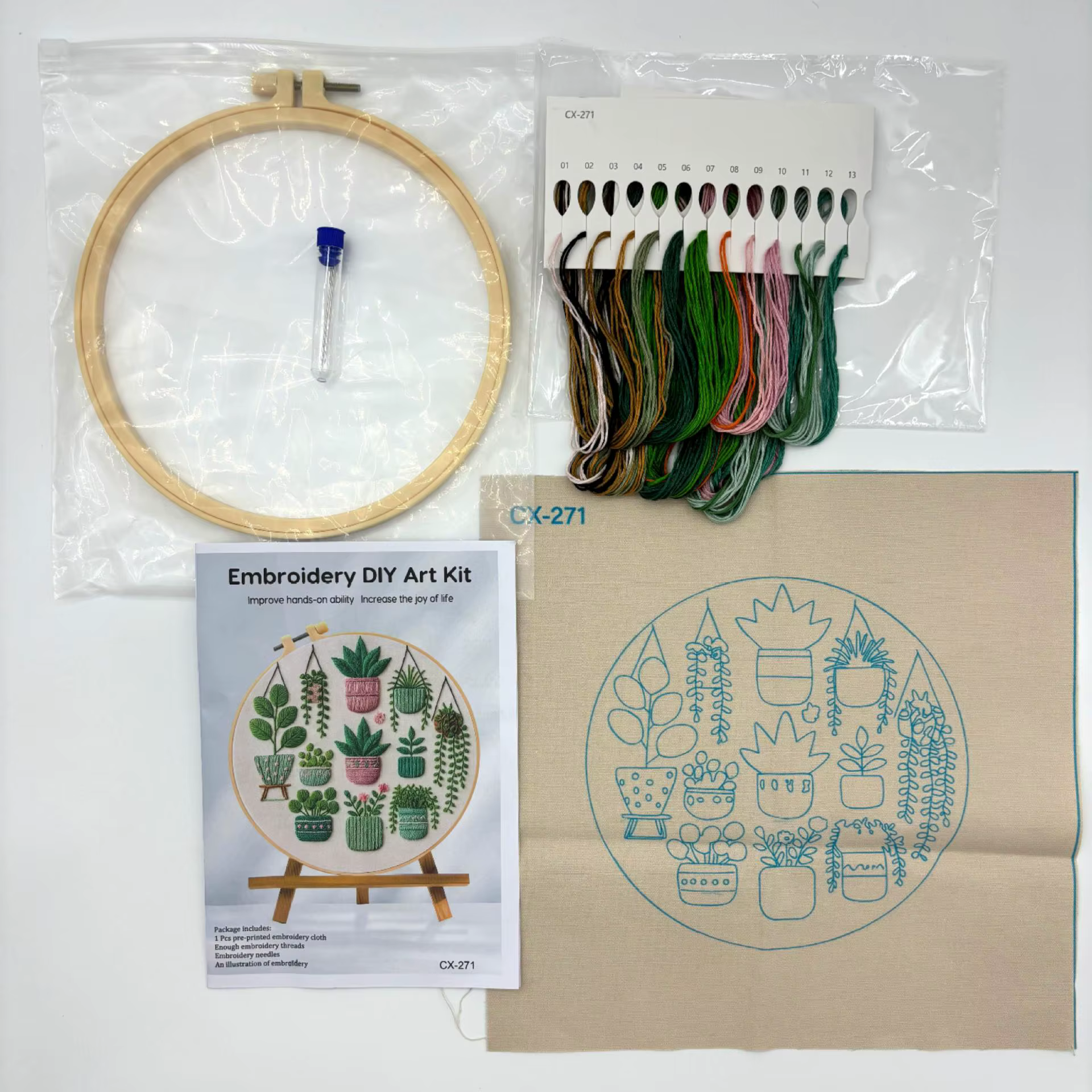 Kit de broderie de plantes en pot pour adultes avec rouleaux de fil et kit d'aiguilles pour cadeau DIY pour débutants