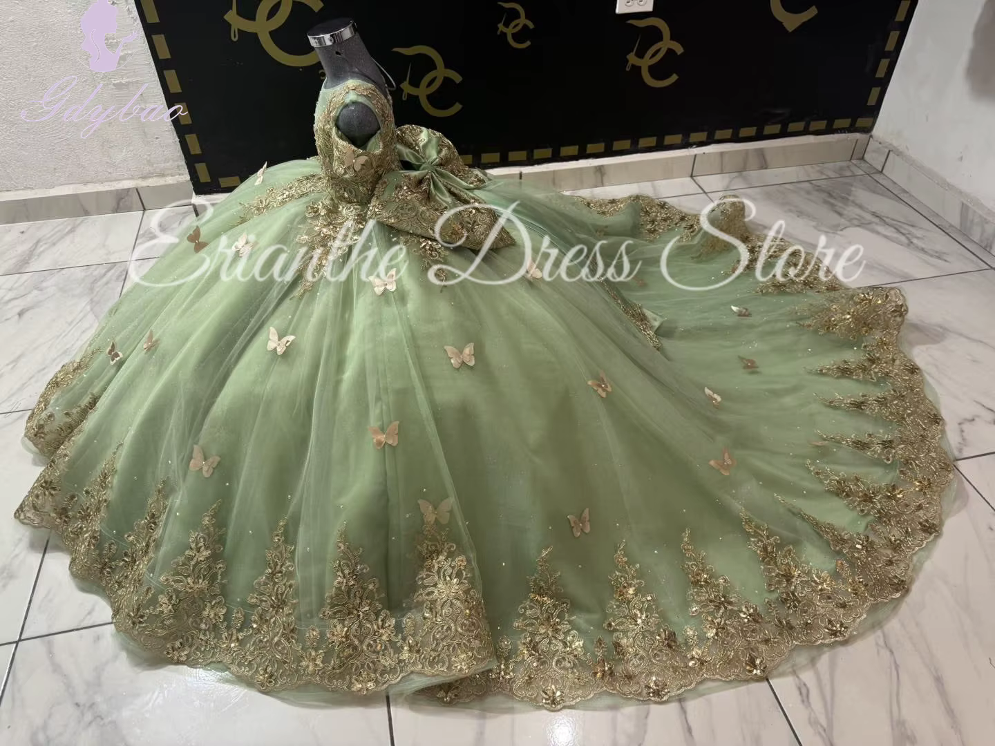 Robe à fleurs vertes pour filles, pour mariage, en Tulle, avec des appliques de papillons 3D, pour fête d'anniversaire pour enfants, robes de bal de première Communion personnalisées