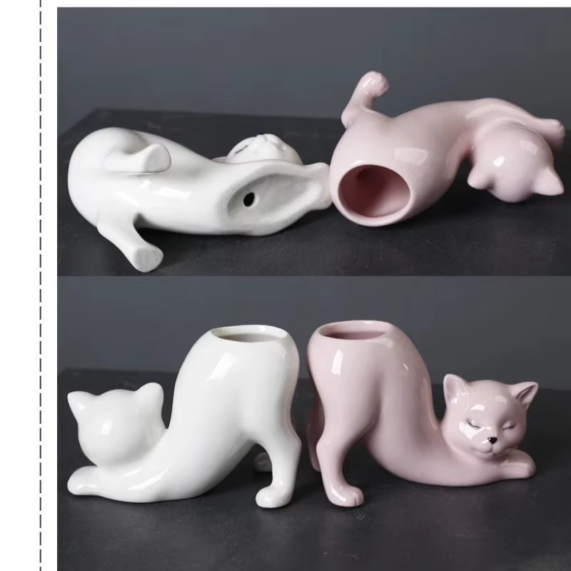 Pot de fleurs en céramique en forme de chat créatif et mignon
