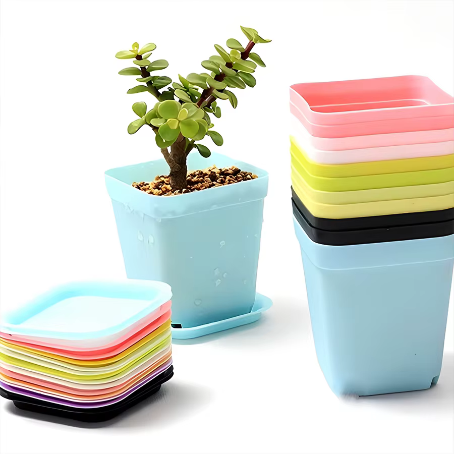 Lot de 6/12/24 pots de fleurs carrés colorés avec plateau