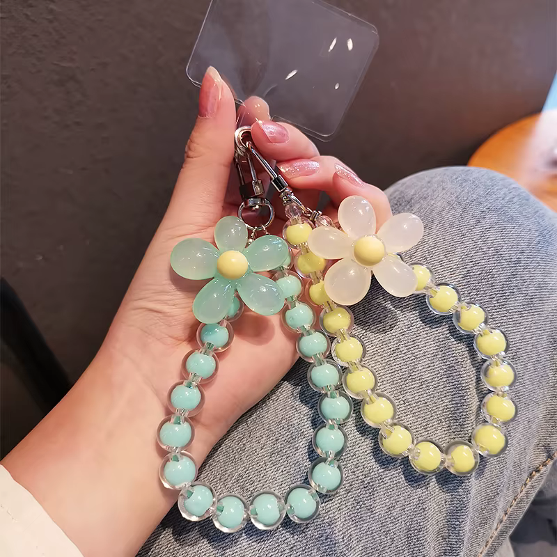 Porte-clés à fleurs colorées, chaîne perlée, accessoires pour téléphone, pendentif Anti-perte, lanière à main, pendentif de poignet