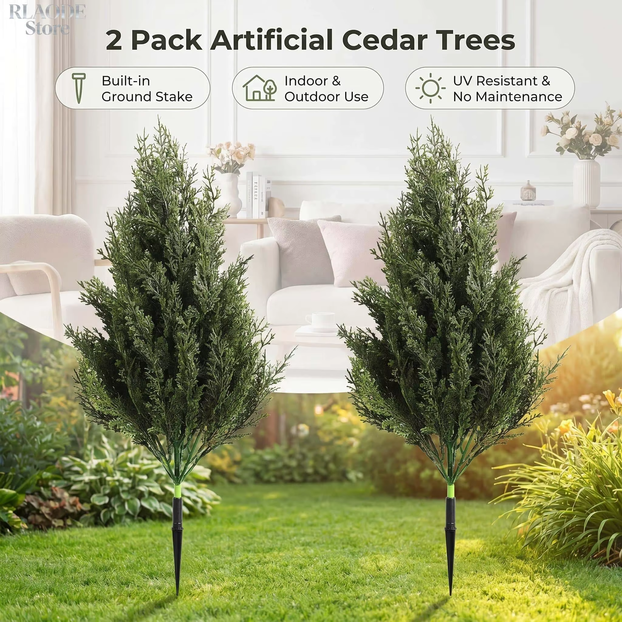 2 mini arbres artificiels en pin et cyprès de 50 cm avec piquet de fixation au sol
