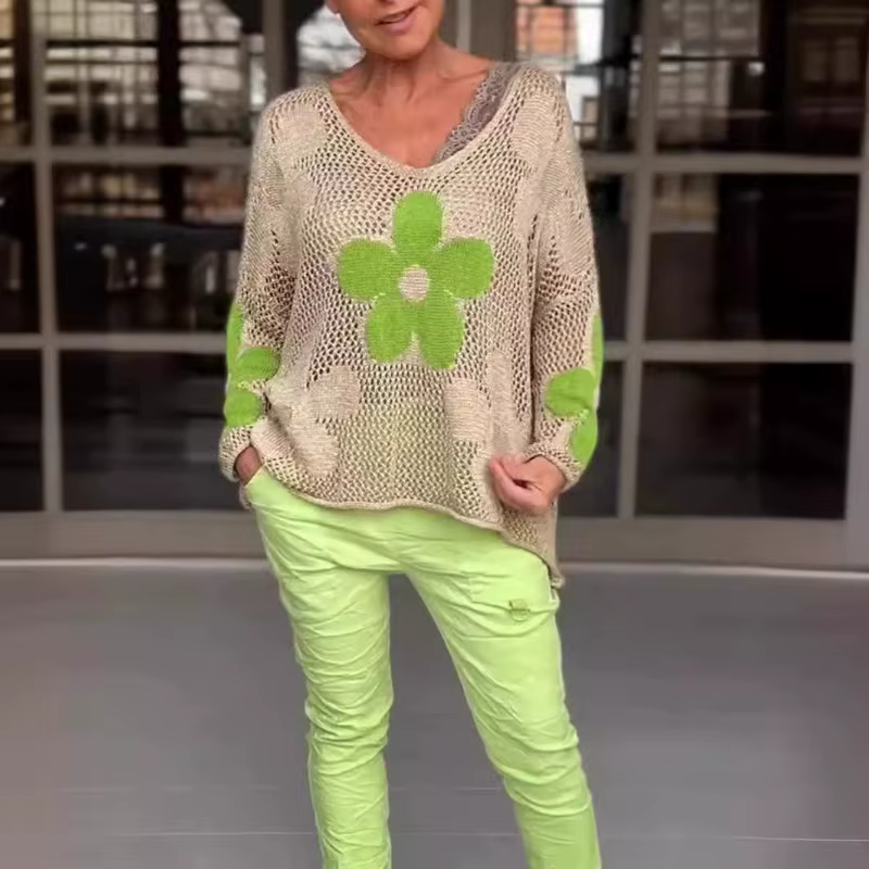 Pull tricoté ajouré pour femmes, col en v, fleur, ample, Design décontracté, mode, nouvelle Niche polyvalente, slim, été, printemps