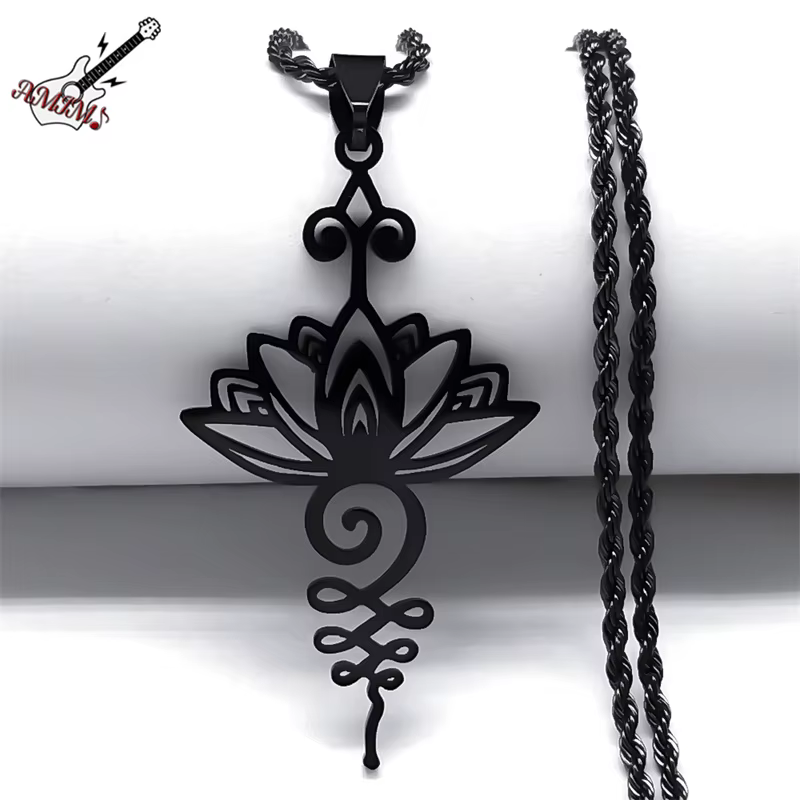 Collier pendentif fleur de Lotus artistique pour femmes et hommes, en acier inoxydable, couleur noire, colliers Chakra de guérison de Yoga, bijoux gothiques