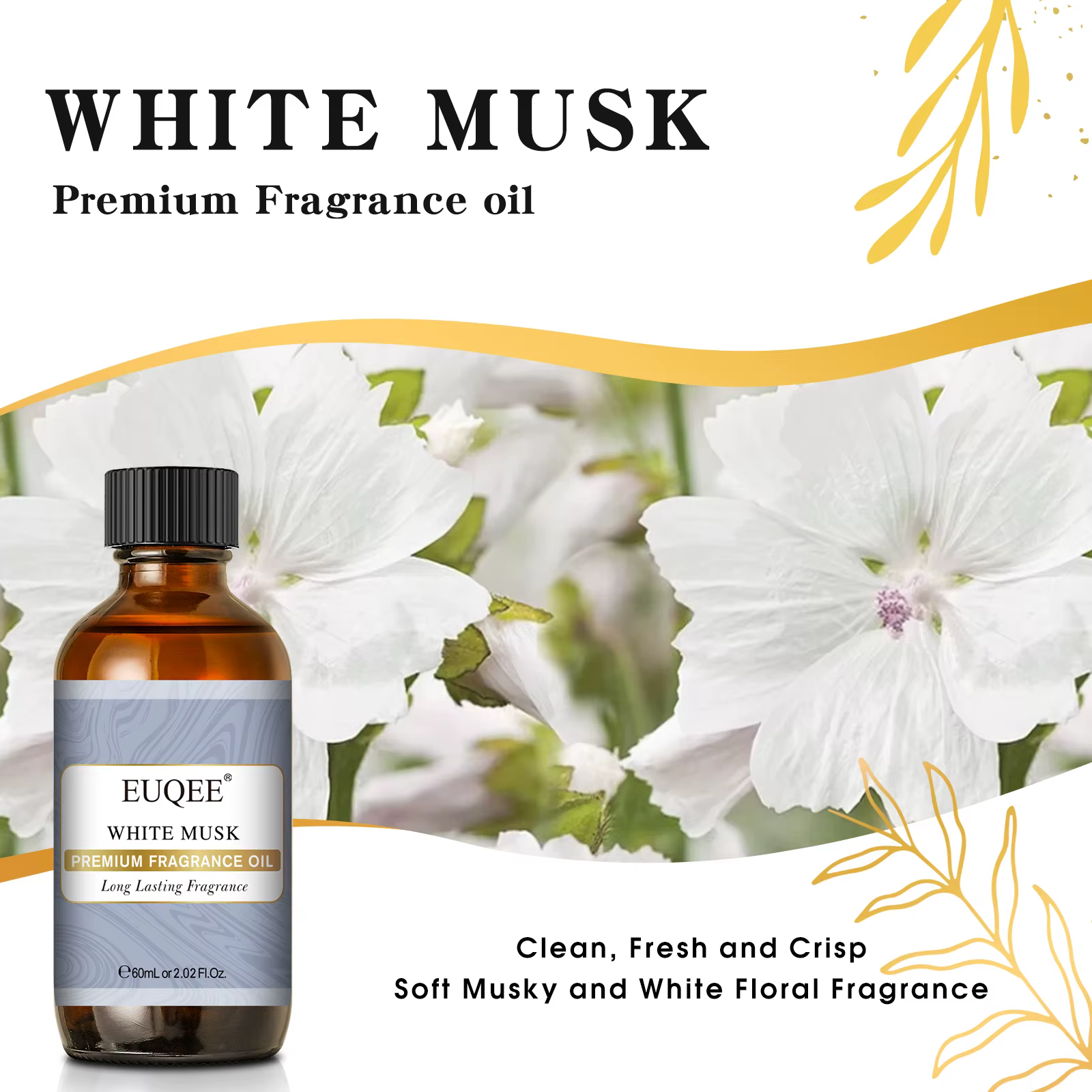 EUQEE 60ml huile parfumée série fleur pour diffuseur d'aromathérapie musc blanc noix de coco vanille