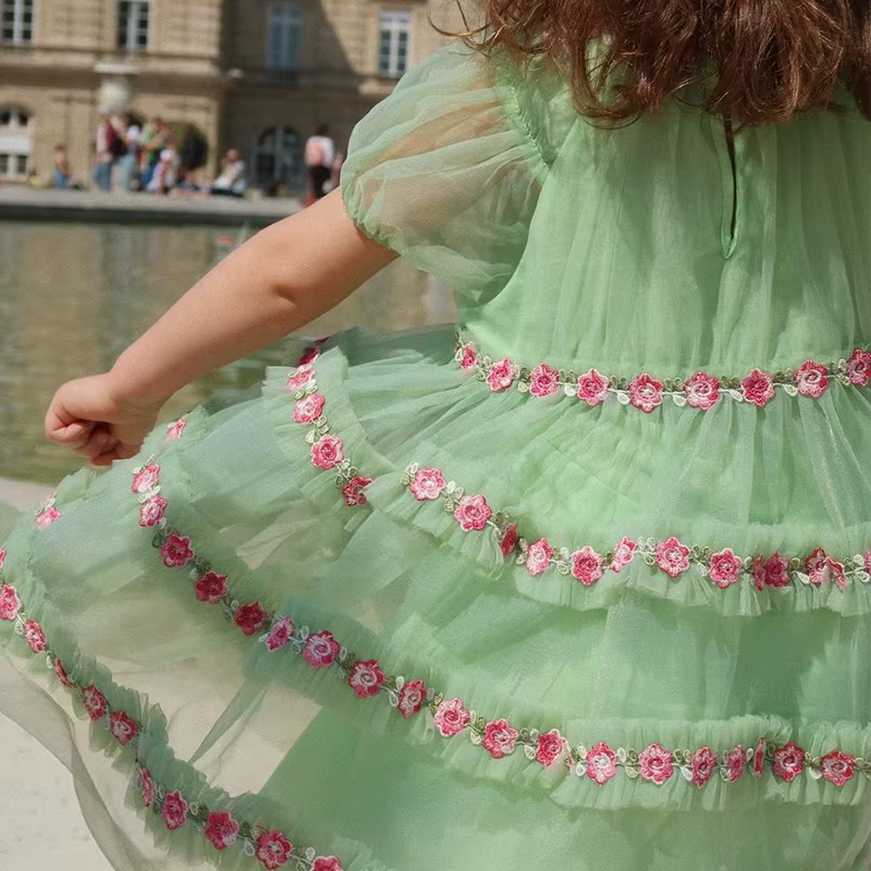 Robe d'été verte pour filles, tenue de princesse en maille, à fleurs, avec nœud doux, blanche, jupe Tutu, vêtements de fête pour enfants, 2025 KS