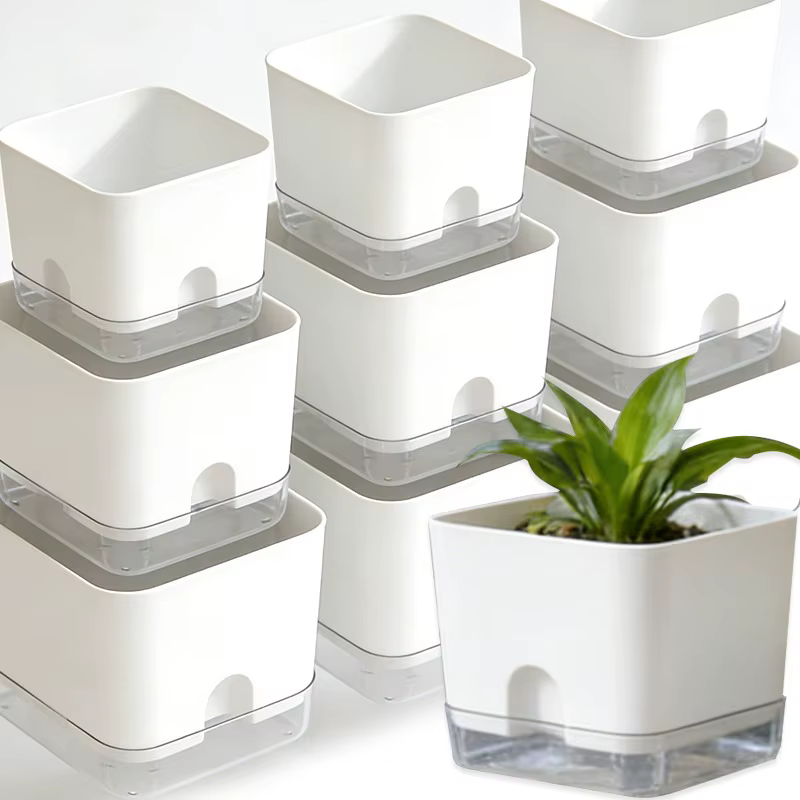 Pot de fleurs auto-arrosant blanc carré à double couche pour plantes d'intérieur et d'extérieur