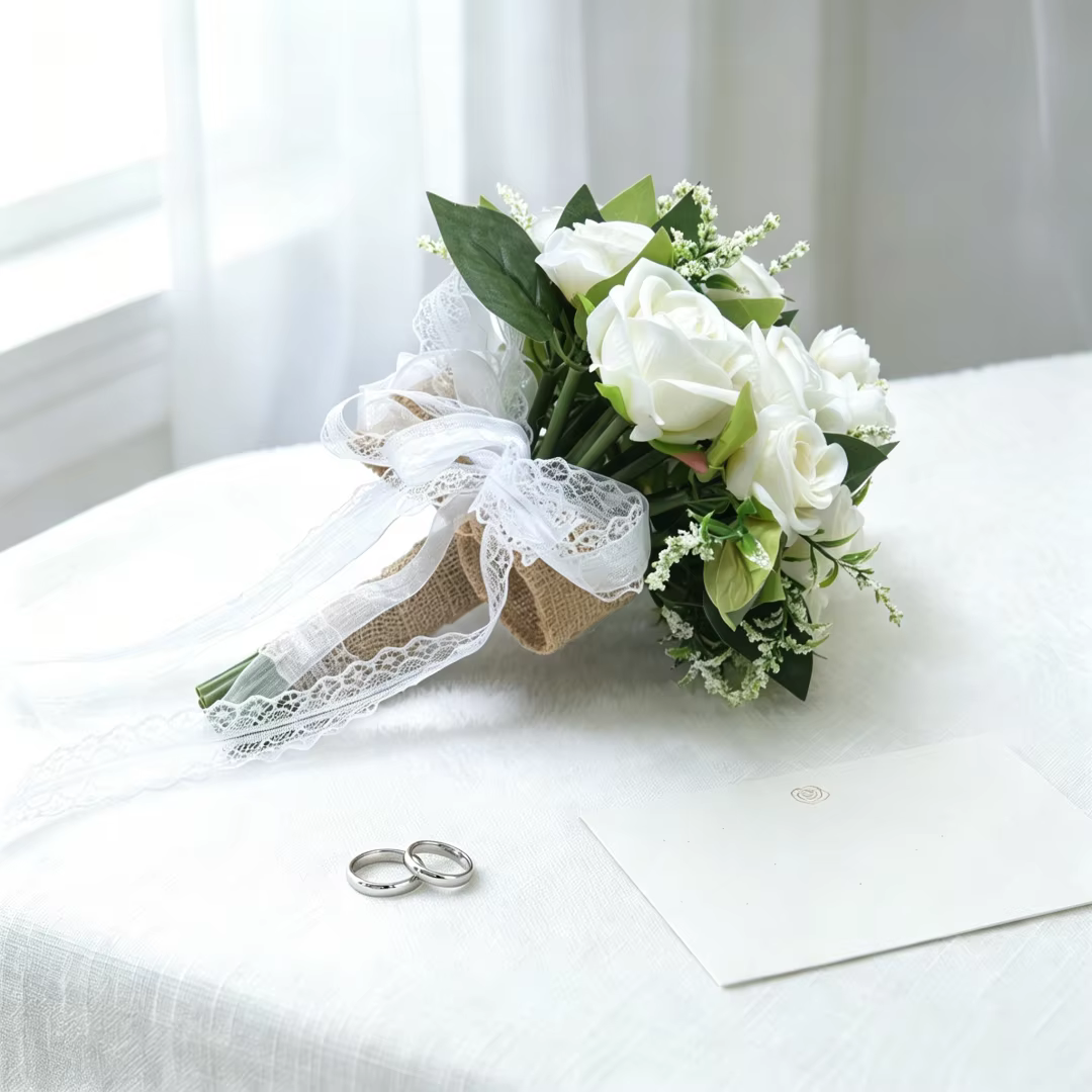 Bouquet de mariée artificiel en roses, en dentelle et toile de jute, fleur artificielle à tenir en main pour mariage, demoiselle d'honneur, séance photo en extérieur