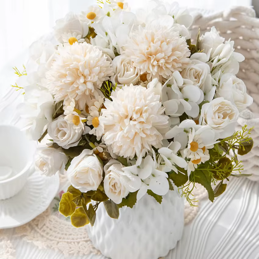 Fleurs artificielles De Mariage Maison Chambre Décor De Table Bouquet De Mariée Jardin YardFake Soie Roses Hortensias Vase pour Conseil À L'extérieur