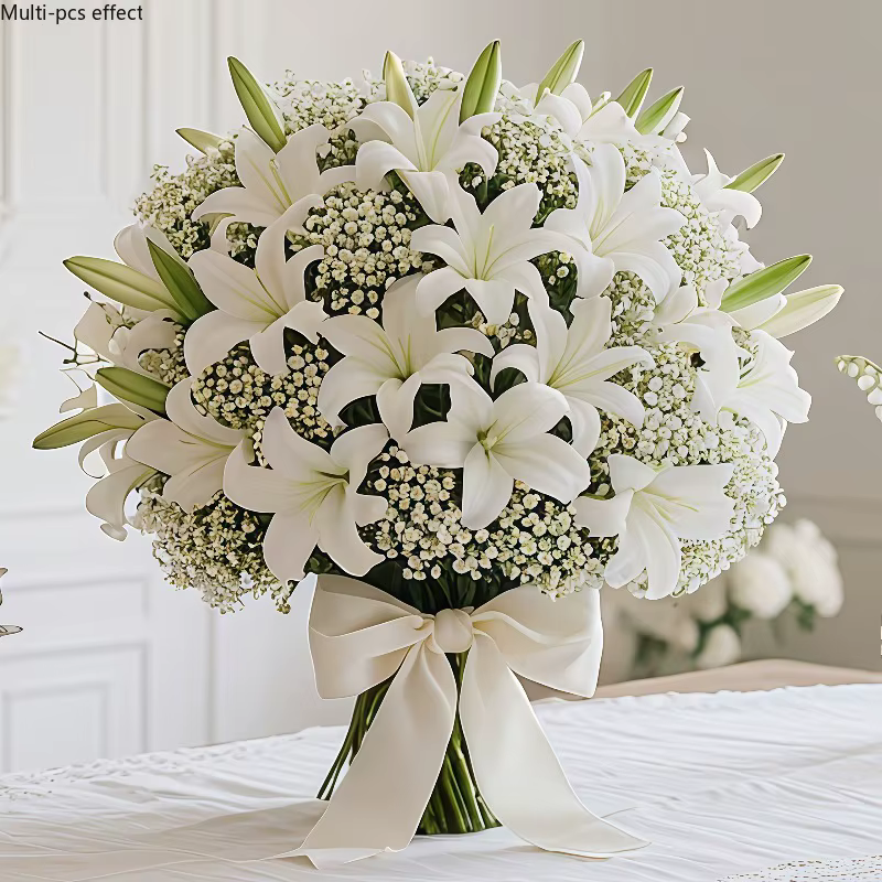 Bouquet de 25 lys artificiels avec gypsophile