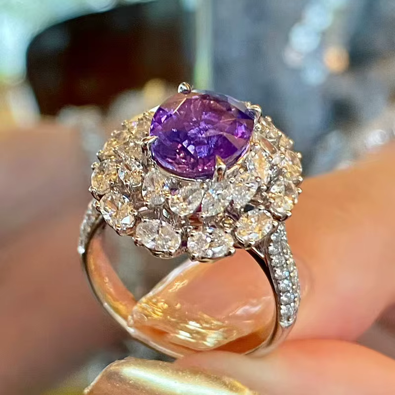 Bagues en diamant et améthyste pour femmes, Design romantique, fleur scintillante, mode florale, violet, bijoux de mariage réglables