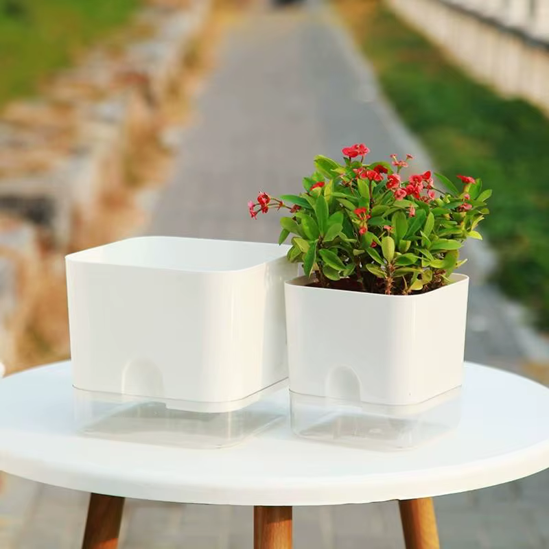 Pot de fleurs auto-arrosant blanc carré à double couche pour plantes d'intérieur et d'extérieur