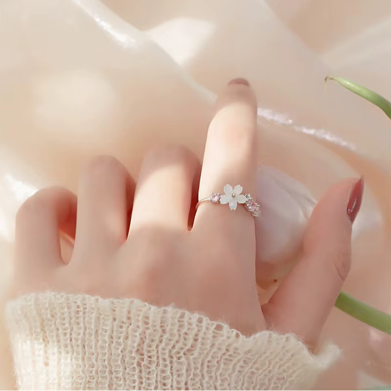 Bagues à fleurs romantiques roses pour femmes, Zircon brillant, branche de fleur de cerisier, coquille, bijoux esthétiques de mariage et de noël