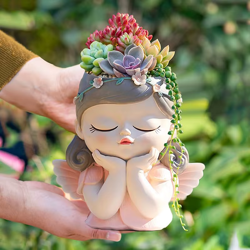 Pot de jardinière de visage de fille d'ange mignon de 7 pouces avec trou de Drainage