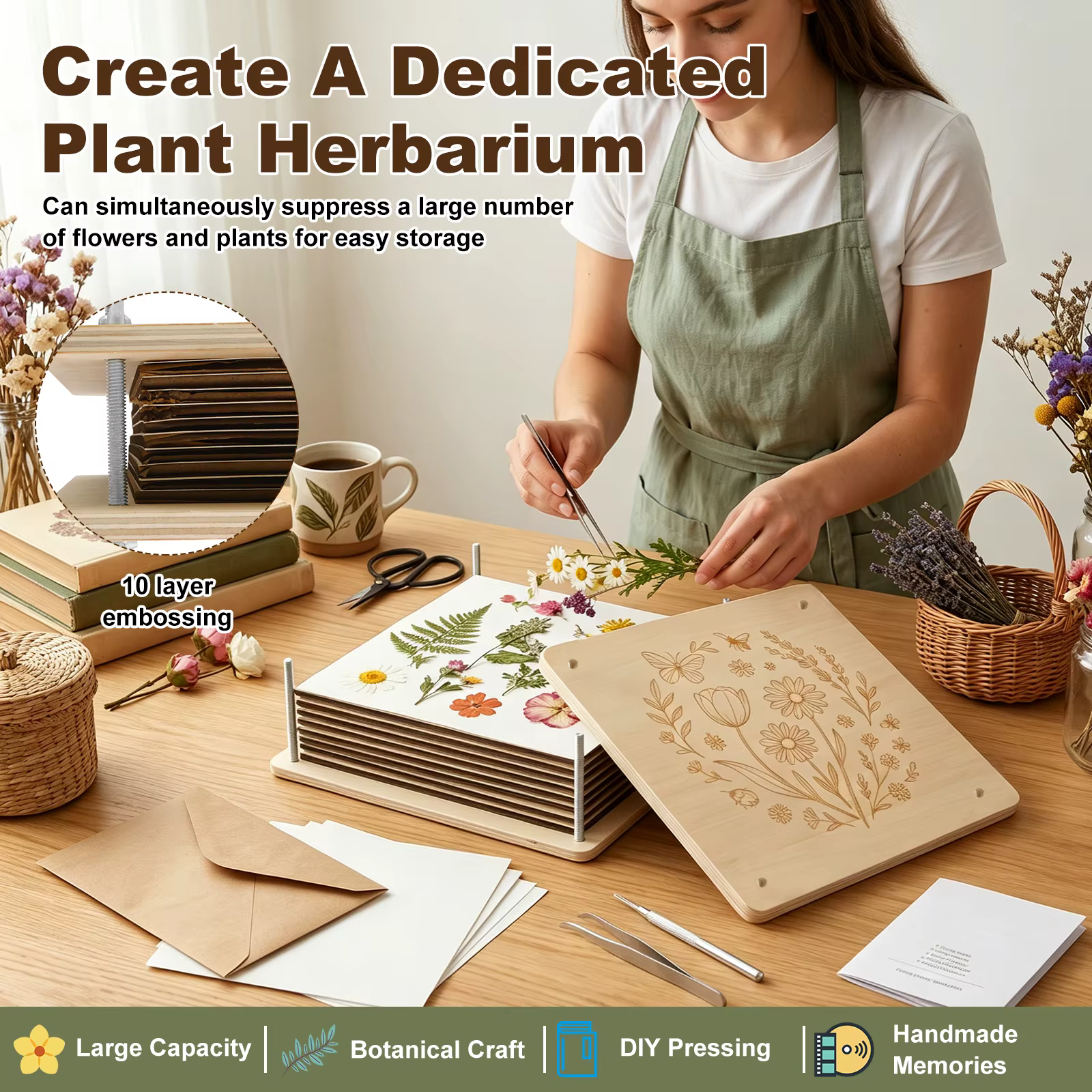 Kit de presse à fleurs 11"x11" DIY, kit professionnel de pressage de fleurs et de feuilles, outil de pressage de plantes en bois à 10 couches pour l'artisanat