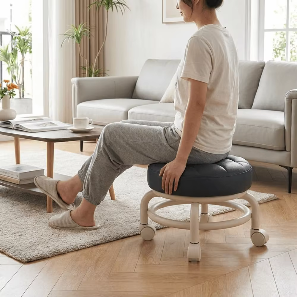 Tabouret à roulettes rond avec siège rembourré