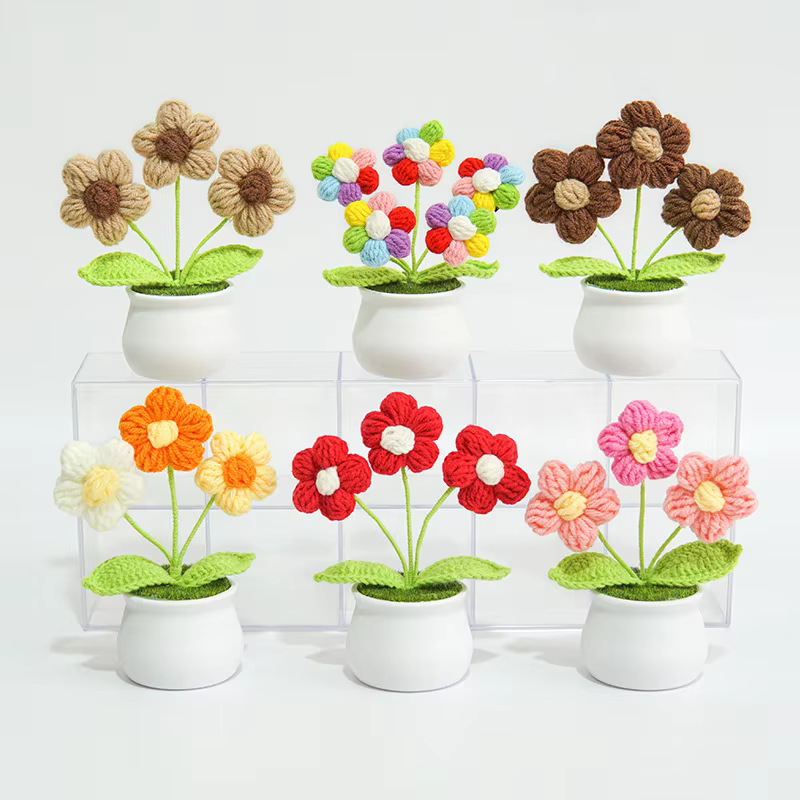 Mini fleurs artificielles tricotées créatives en pot