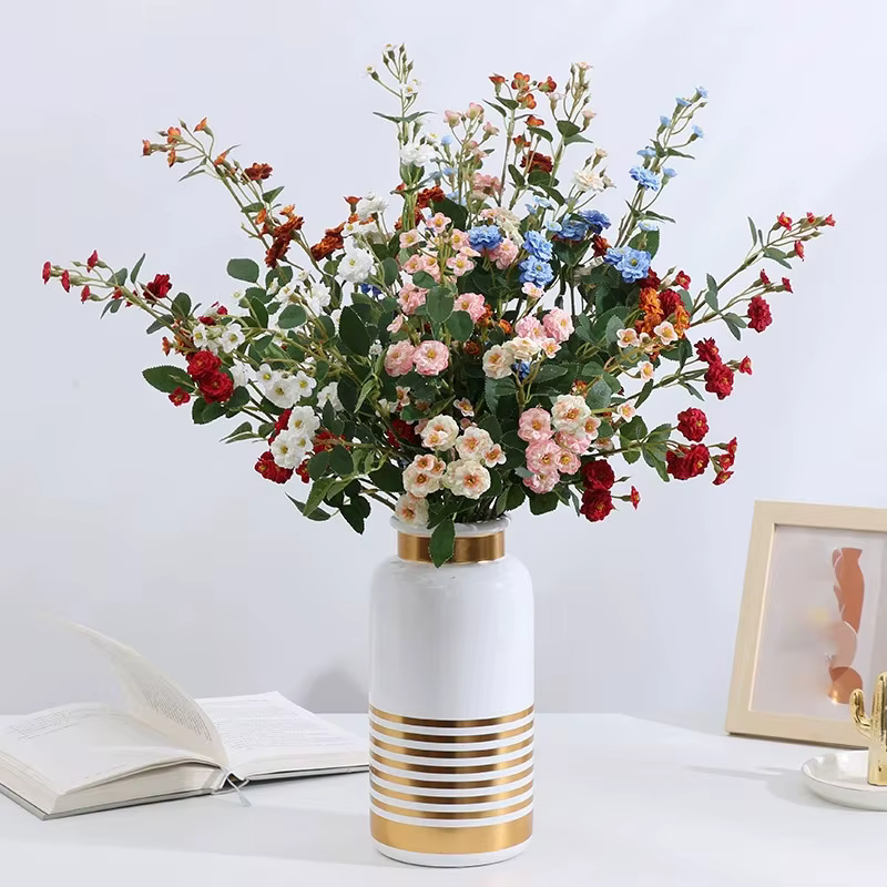 WQNJIN 75 cm bleu haute qualité européenne Mini Roses longue branche fleurs en soie artificielle maison Table pièce maîtresse décor de chambre