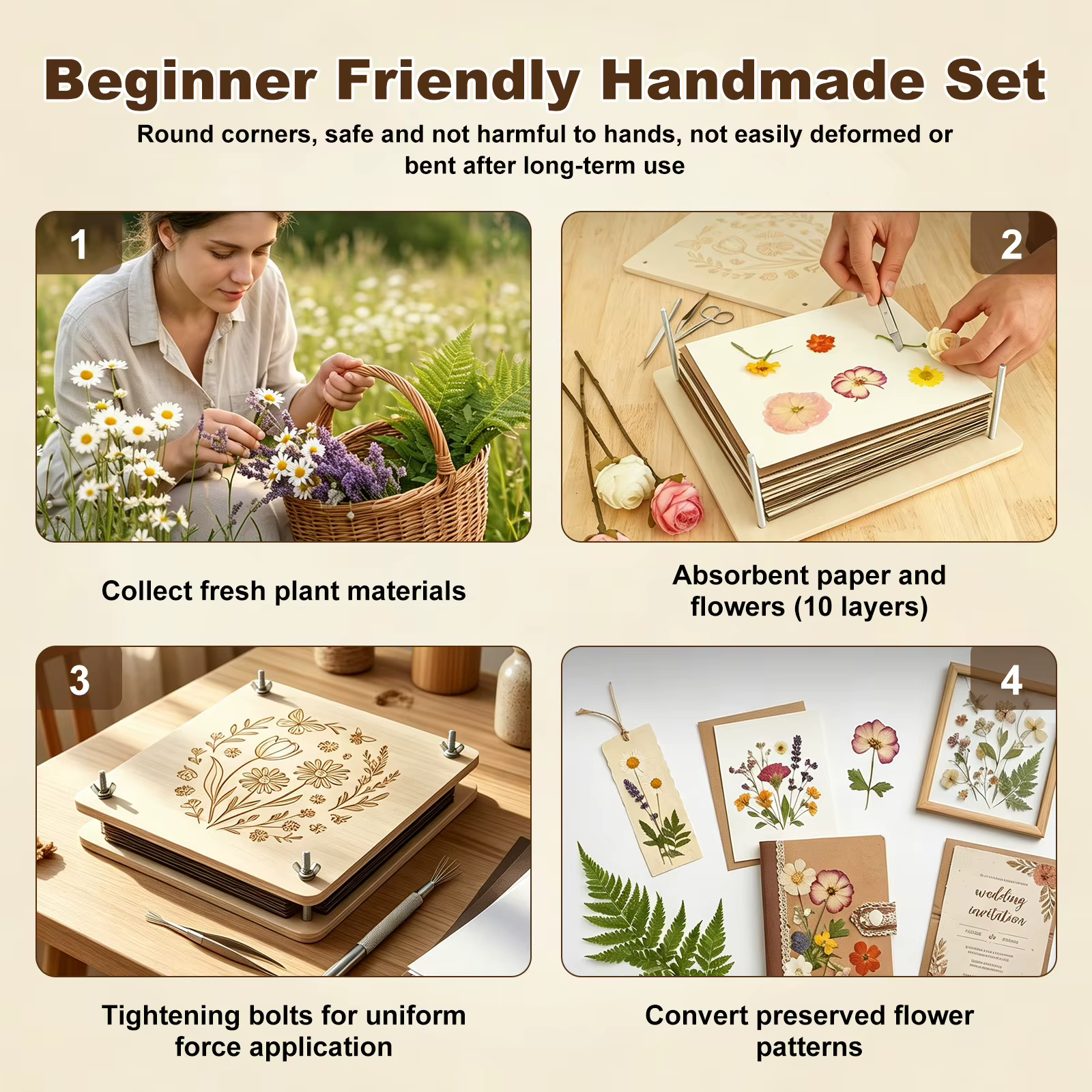 Kit de presse à fleurs 11"x11" DIY, kit professionnel de pressage de fleurs et de feuilles, outil de pressage de plantes en bois à 10 couches pour l'artisanat