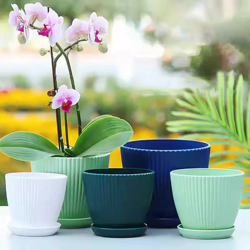 Pot de fleur en plastique plantes rondes succulentes Pot jardinières à rayures verticales avec plateau décoration intérieure de bureau à domicile