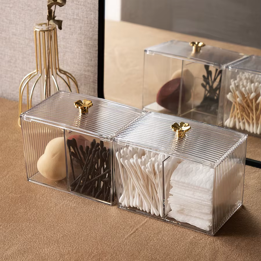 Pot d'apothicaire transparent à 3 sections avec couvercle – Porte-écouvillons en boule de coton Qtips pour l'organisation de la vanité de la salle de bain, distributeur à 3 grilles
