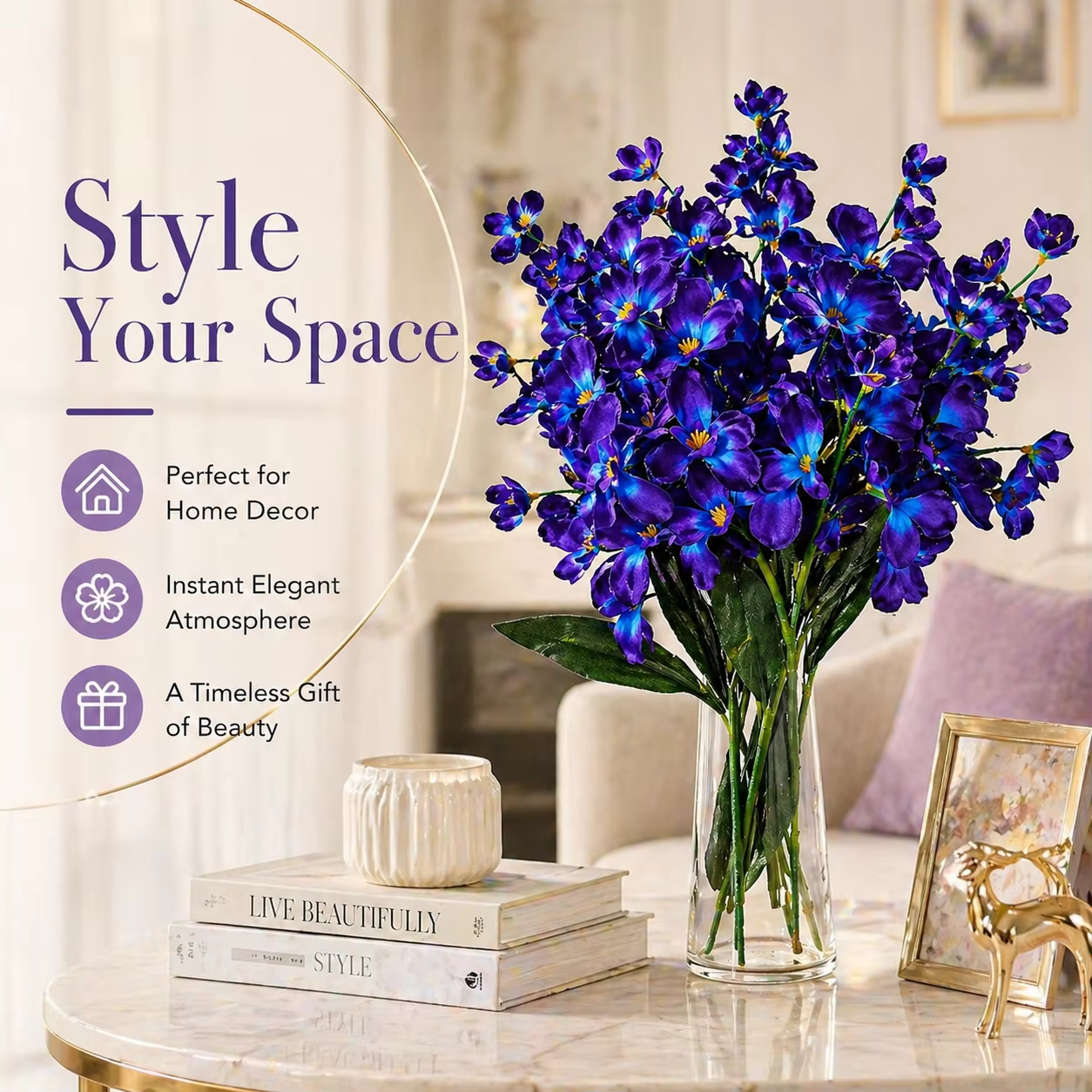 5 pièces de fleurs d'orchidées artificielles violettes et bleues de 27 pouces pour bouquet de mariage
