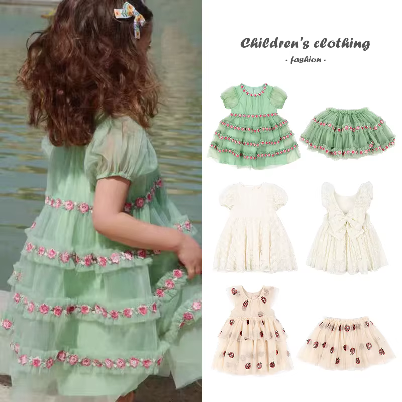 Robe d'été verte pour filles, tenue de princesse en maille, à fleurs, avec nœud doux, blanche, jupe Tutu, vêtements de fête pour enfants, 2025 KS