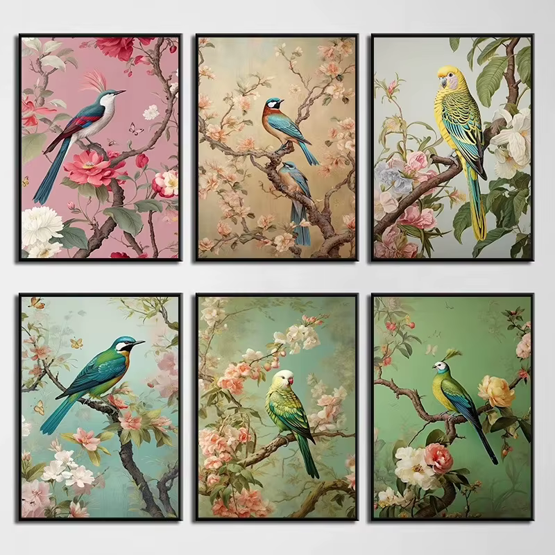 Kit de peinture numérique à l'huile par numéros, motif oiseaux et fleurs, sur toile, pour dessin manuel, décoration murale, cadeau pour ami