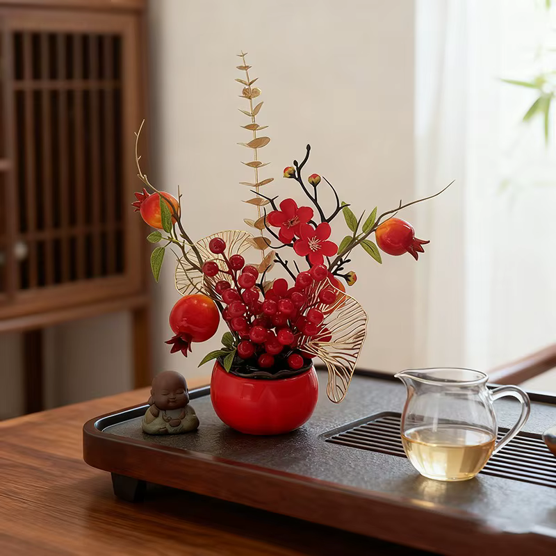 Nouvelle grande plante artificielle en pot de kaki rouge
