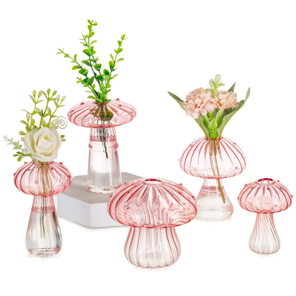 5Pcs Glass Mushroom Flower Vase Cute Colored