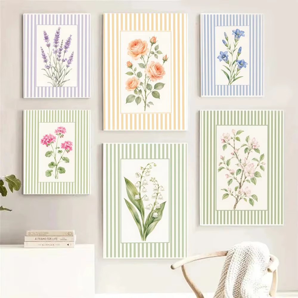 Tableau d'art mural moderne en toile avec motifs floraux rayés et calligraphie pour la décoration intérieure de la maison et de la chambre