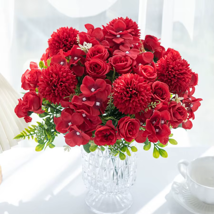 Fleur artificielle Soie Rose Chrysanthème Mariée Bouquet De Mariage En Plein Air Jardin Maison Vase Décor De Table Couronne BRICOLAGE Cadeau Accessoire