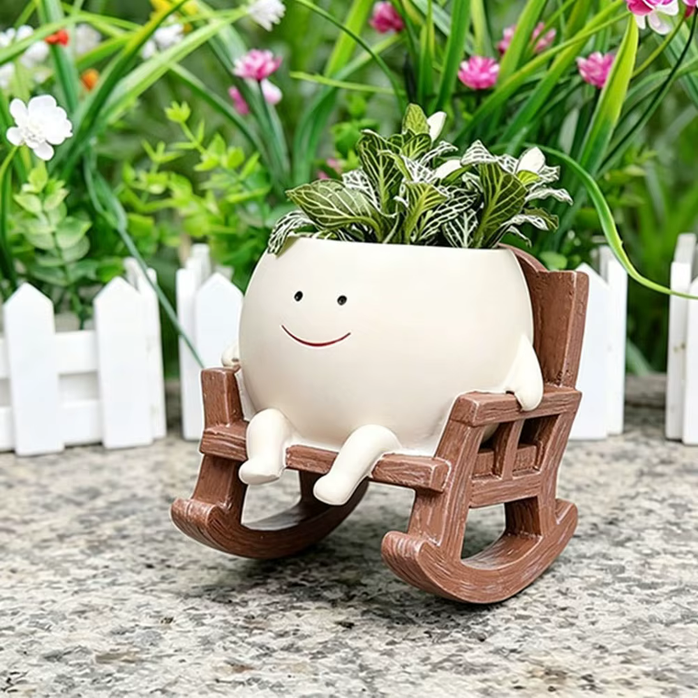 Mini Fauteuil à Bascule Visage Souriant, Pot de Plante Créatif, Jardinière Mignonne pour Intérieur, Balcon, Jardin, Cour, Décoration Florale de Grande Beauté