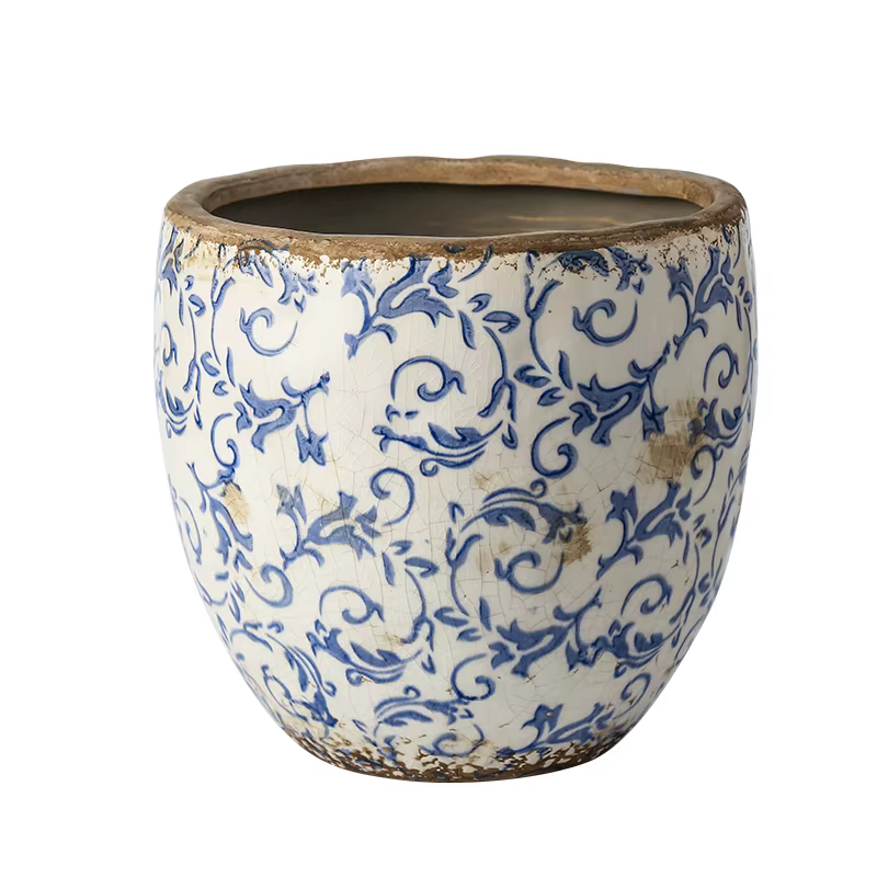 Pot de fleur en céramique de poterie bleue et blanche antique chinoise