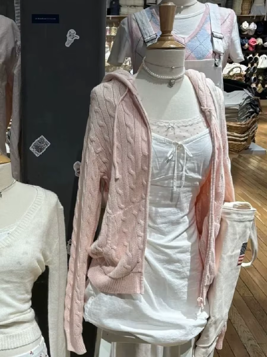 Cardigan tricoté à fleurs torsadées pour femme, pull à manches longues, cordon de serrage, capuche, fermeture éclair, Streetwear, doux, manteau, haut Y2K, automne