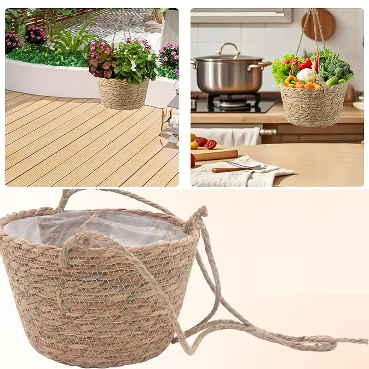 Pot de fleurs suspendu en paille pour balcon