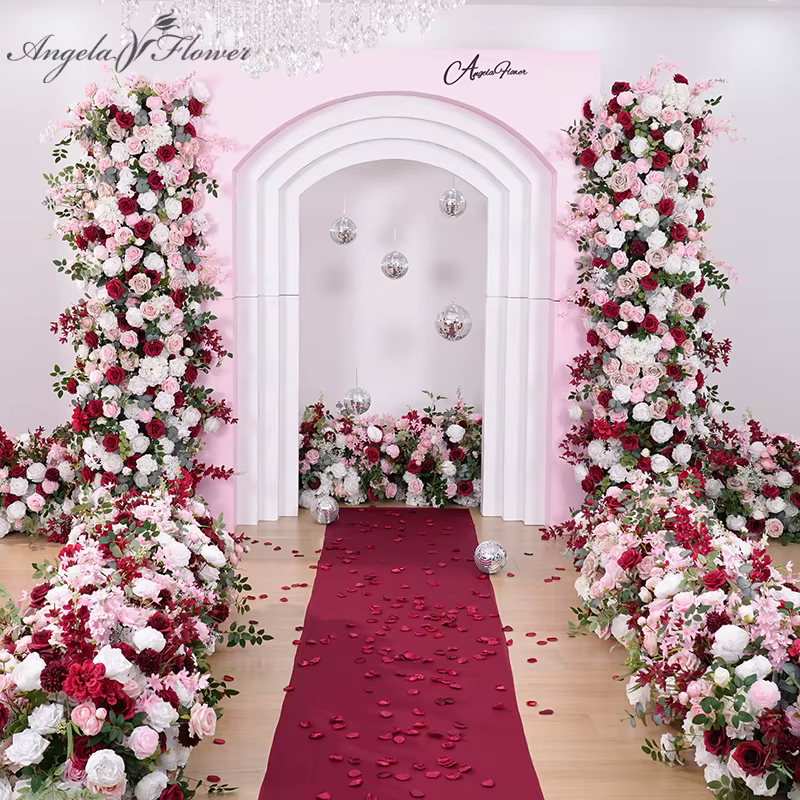 A8889 Haricots bordeaux ​ Décor de rangée de fleurs vertes roses