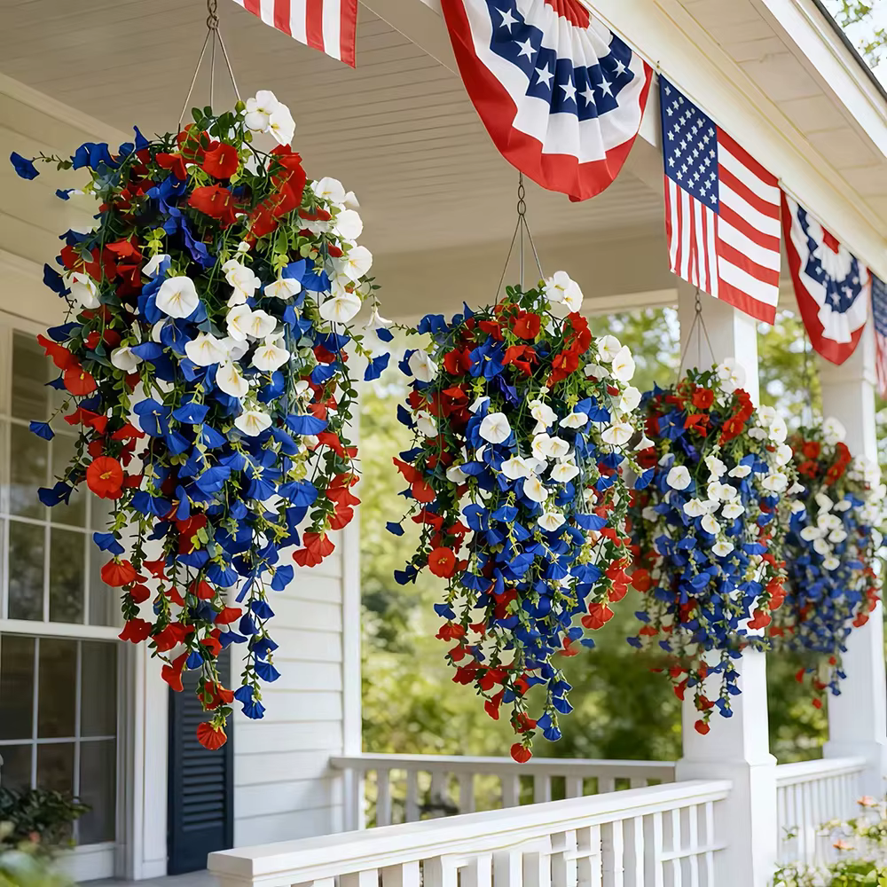 Panier de fleurs patriotiques artificielles rouge