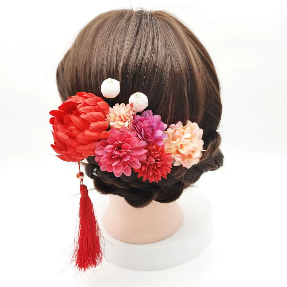 Bijoux Style japonais fleur fourchettes à cheveux à la main fleur japonais Kimono pinces à cheveux tissu Vintage glands bâton de cheveux filles