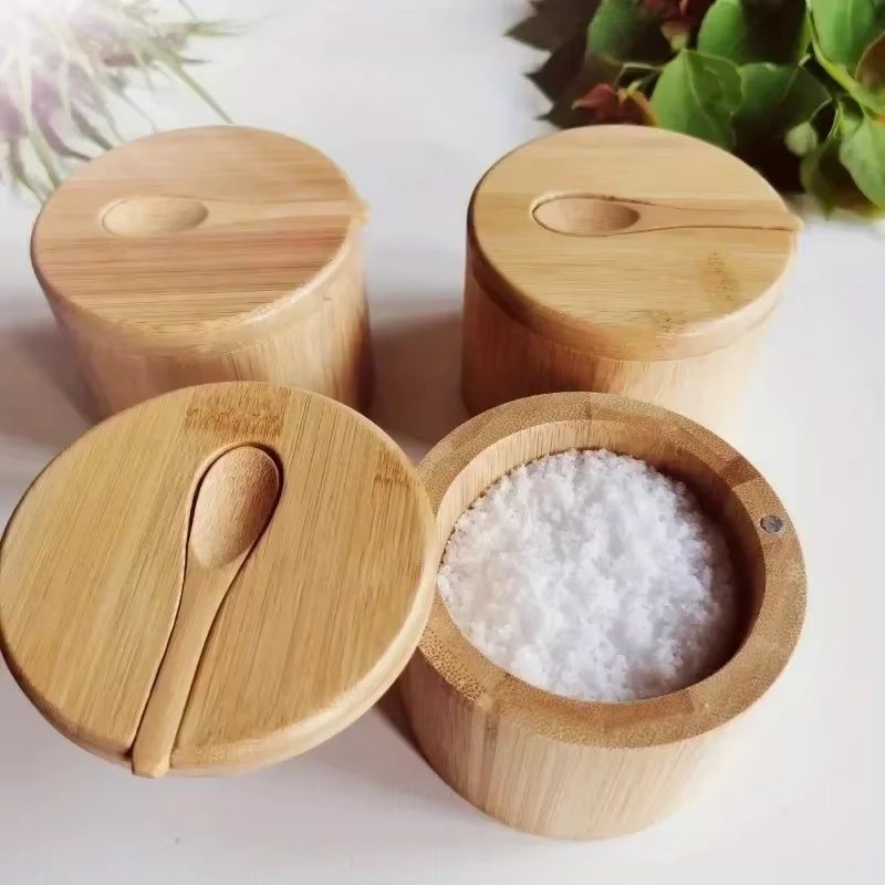 Bocaux d'assaisonnement au sel en bambou, boîte à condiments, ensemble de bols de rangement, récipient à sucre en bois, couvercle multifonctionnel