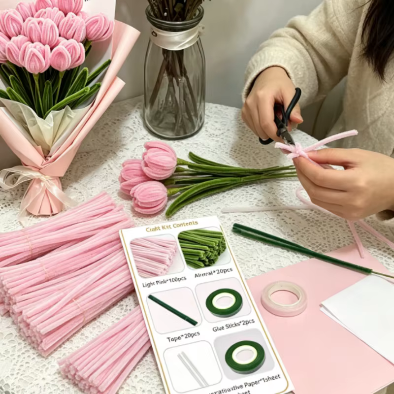 Kit de Matériaux DIY pour Bouquet de Fleurs en Chenille Douce et Moelleuse