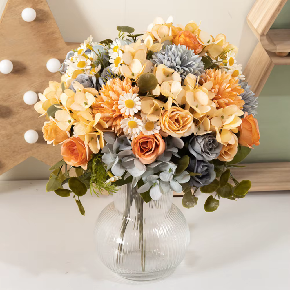 6PCS Fleurs Artificielles Camomille Mariage Maison Chambre Décoration Bouquet De Mariée Jardin Soie Roses Vase Conseil Extérieur Bricolage Cadeaux