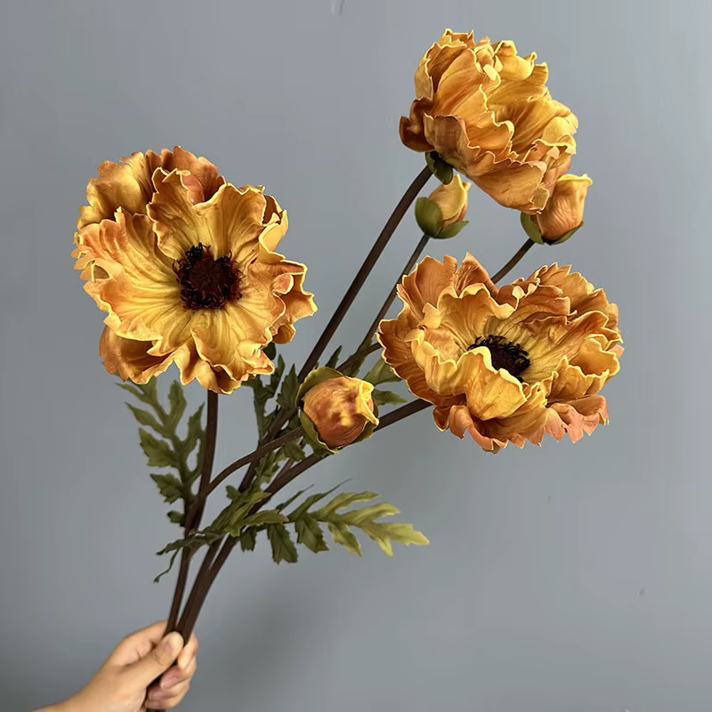 Lot de 5 grandes fleurs artificielles de pavot en PU pour décoration de jardin et restaurant